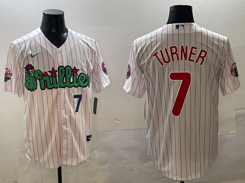 Men Philadelphia Phillies #7 Turner White Stripe Three generations Joint Name Game 2025 Nike MLB Jersey style 4